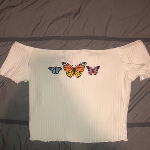 Off the shoulder crop top with butterflies